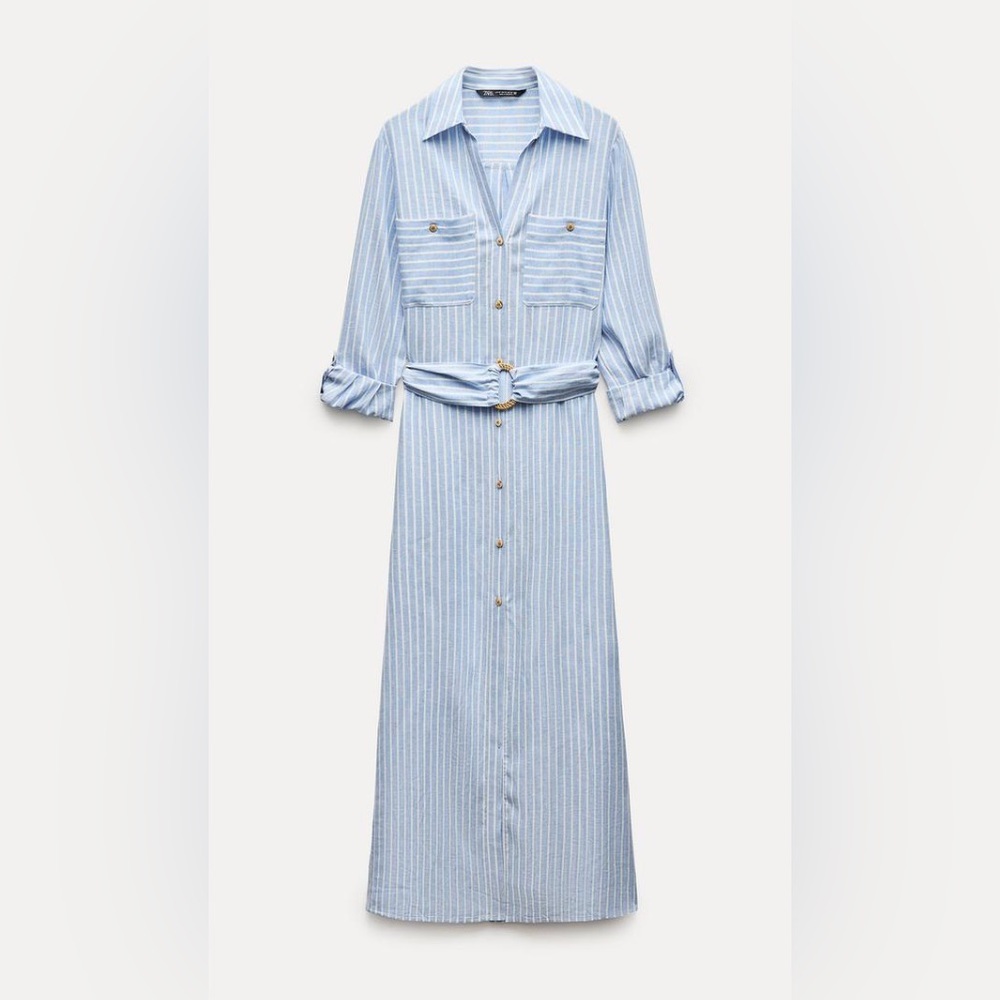 Zara Vestido Camisero Midi Con Lino